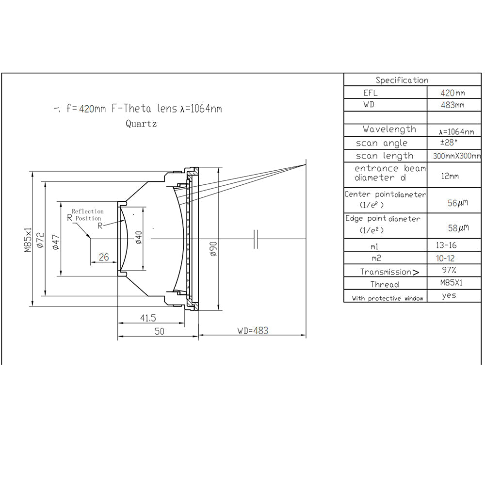 Cloudray Quartz M85 Fiber Laser F-theta Scan Lens For 100W Fiber Laser Engraver