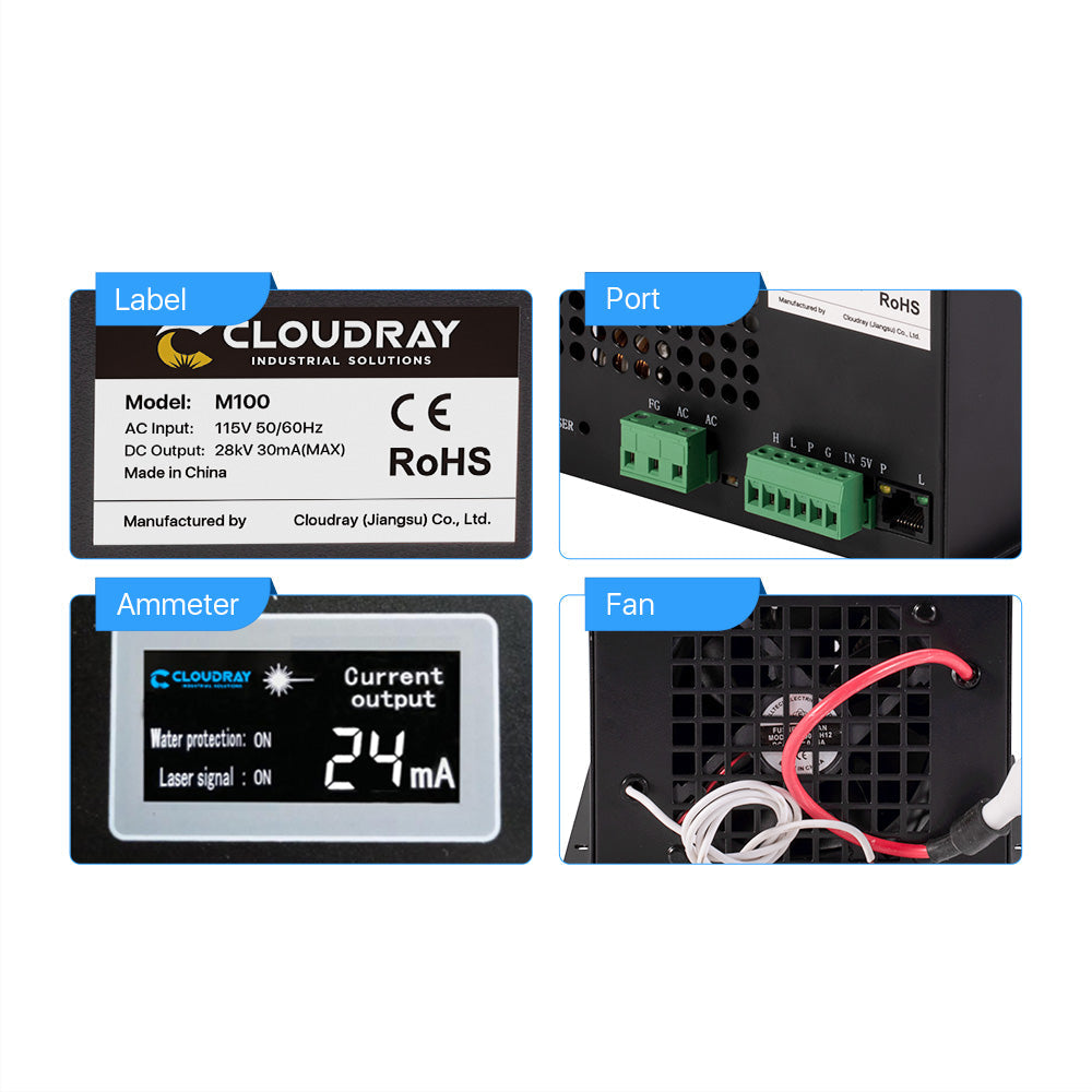 Cloudray Bundle For Sale 90W CR Series Upgraded Metal Head Co2 Laser Tube + 115/230V Laser Power Supply