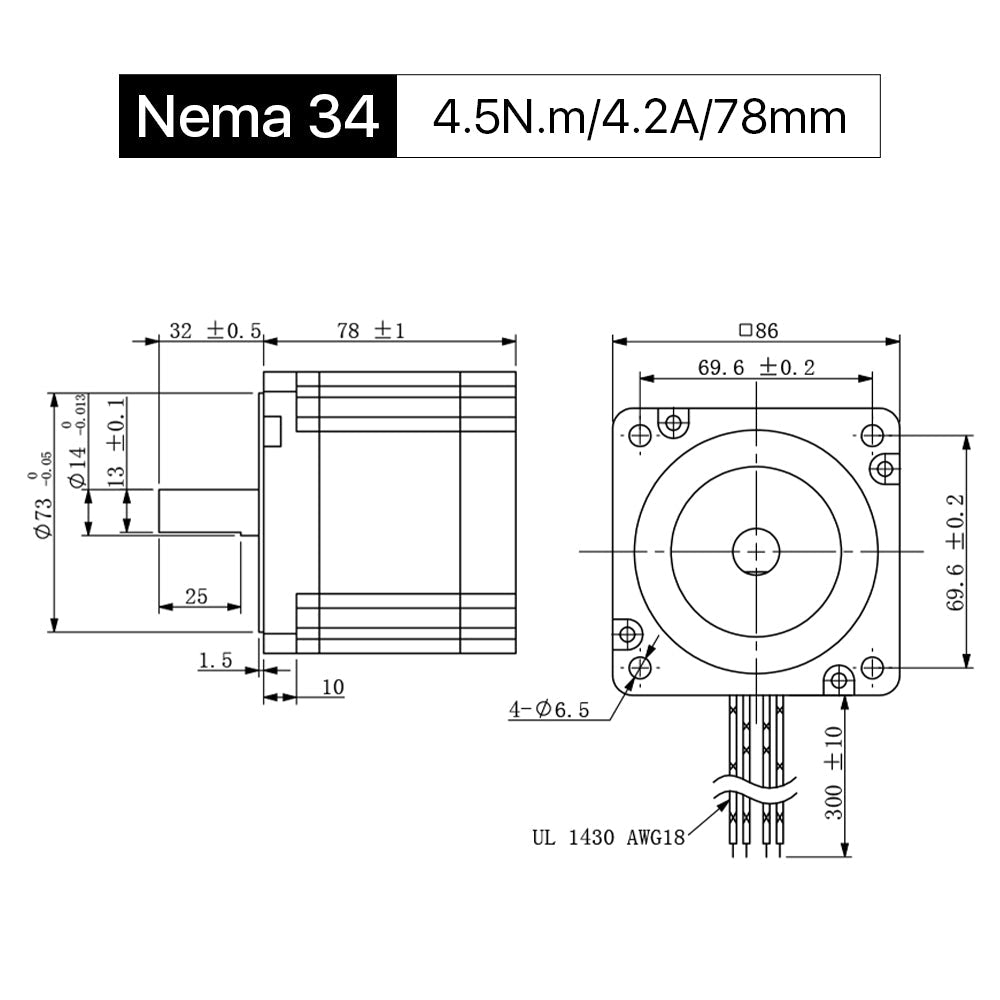 Cloudray 78mm 4.5N.m 4.2A 2 Phase Nema34 Open Loop Stepper Motor With 4 Wires Shaft 14mm